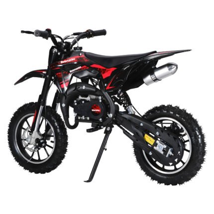 A 49CC mini mountain bike scooter, gas-powered dirt bike, two-stroke outlet engine, pocket motorcycle with front and rear disc brakes, racing top speed of 20mph