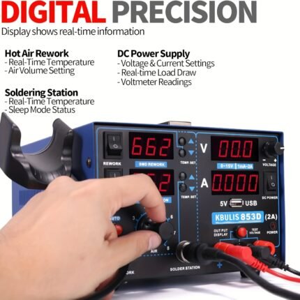 KBULIS 853D 2A USB SMD Hot Air Rework Soldering Iron Station, DC Power Supply 0-15V 0-2A With 5V USB Charging Port And 35 Volt DC Voltage Test Meter