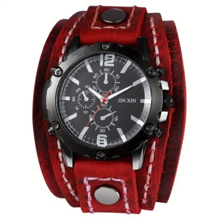 Men's Gothic Punk Style Genuine Leather Strap nalog Watch - Large Multi- Chronograph Quartz Movement, Black/White/Red with Golden Hands, Heavy-Duty Wrist Cuff for Halloween, Costume Parties & Casual ttire (-), Watches For Men, Mens Watches For Men, Wrist Watch For Men, Retro Watch, Bracelet Watch For Men, Curren Watches For Men, Classic Watch For Men, Vintage Watch For Men, Retro Watch Men, Casual Watch For Men, Unisex Watch, Strap Watch For Men, Watch Bracelet For Men, Heavy