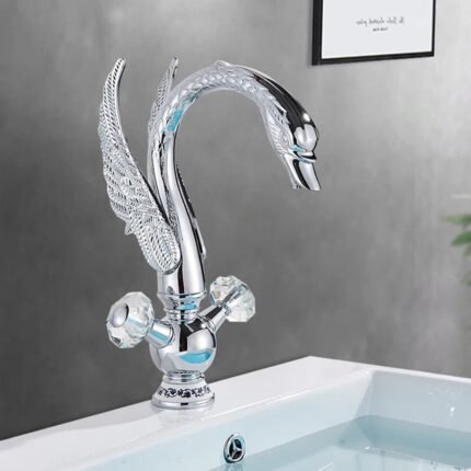 1pc Victorian Elegant Golden Bathroom Faucet with Swan Spout & Double Handle Hot/Cold Mixer Tap - Deck Mounted Single Hole Basin Sink Faucet, Valve Core & Polished Chrome/Golden Finish, Luxury Bath Sink Fixture with Clear Water Flow, Includes All Necessary Components, Compatible with US G9/16 Pipes, Ideal for Modern Bathrooms (Luxury Bathing Experience), Bath Faucet, Bathroom Gold Decor And Accessories, Gold Bathroom Accessories, Tall Faucet Bathroom, Bathroom Sink Taps