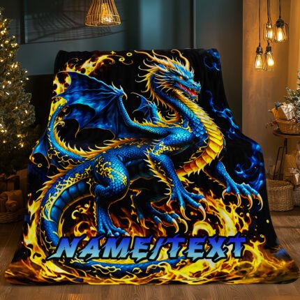 Customizable Flaming Dragon Pattern HD Digital Print Flannel Throw Blanket, Glam Style, Fantasy Theme, Tear Resistant, All-Season, Knitted Polyester Fabric, 200-250g Lightweight Fleece, with Personalized Name, for Sofa, Bed, Travel, Office, Unique Gift for Family and Friends