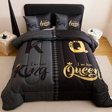 3pcs Super Soft Breathable Black Grey Color Blocking Crown Letter Thickening Quilt Set (1 Comforter +2 Pillowcases Without Pillow Core), Contains Padding 180gsm Quilting Soft Ventilate Digital Printing Bedroom Dormitory At Home