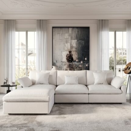 Modern White Modular Sectional Sofa Cloud Couch - 119.29" L-Shaped Chaise Ottoman, Linen Blend Fabric, Washable & Removable Covers, Deep Seat with Plush Cushions, Sturdy Wooden Frame, Pet-Friendly Living Room Furniture, Sectional Sofa for Living Room, Versatile Arrangement, Minimalist Design, Contemporary Style, Durable Construction