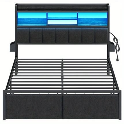 Furnulem Queen Bed Frame with Wood Headboard and Storage Shelf, Metal Platform Bed Frame Queen Size with Storage Drawers, LED Lights and Charging Station, No Box Spring Needed, Noise Free, Black