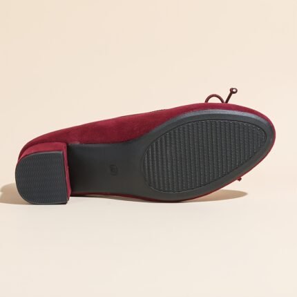 French Style Block Heel Pumps for Women - Solid Color, Flannel Round Toe, Bowknot, Rubber Sole, Man-Made Insole, All-Season Dress Shoes