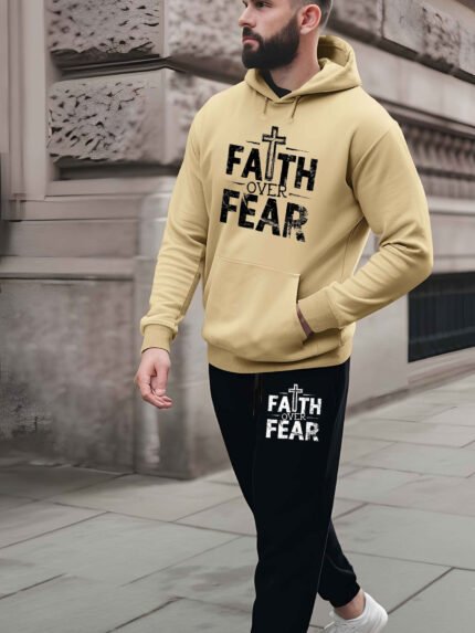 FAITH OVER FEAR Autumn and winter hooded sweatshirt set, new Men's trendy printed hoodie, Men's casual sports top, drawstring suit