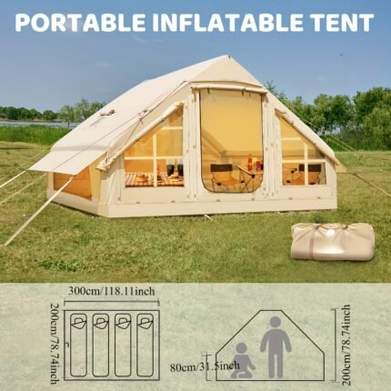 Inflatable Camping Tent with Manual Pump, Easy to Set Up, Waterproof Oxford Air Tent, 4-6 Person Luxury Camping Tent with Mesh and Chimney Window