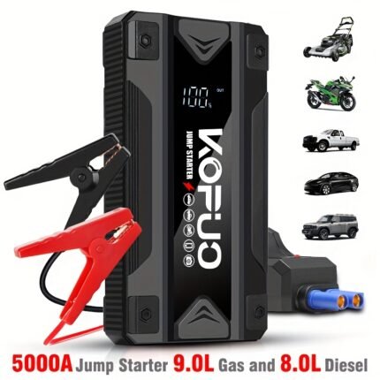 KOPUO 5000A Car Battery Jump Starter(2.38gal Gas/2.11gal Diesel)Portable Car Jump Starter Battery Pack/box, 12V Car Battery Jumper Starter with Safety Jumper Cables, Fast Charge, Lights, Compact