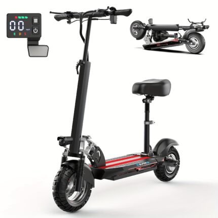 Q5-740W 35-Mile Range Electric Scooter with Seat for Adults - 48V 13AH Battery, 10" All-Terrain Tires, Dual Suspension & Brakes, Foldable Design, Removable Seat with Backrest, Dual-Power (Battery/External), Global Voltage 100-240V, Off-Road & Urban Commuter, 330 lbs Capacity, 20 km/h High Speed, Scooter for Adults, Dual Motor Electric Scooter, Mobility Scooter, Fast Electric Scooter, Longdistance Travel, Sturdy Frame, Durable Construction, Adult Commuters