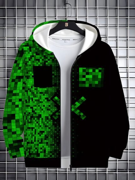 Boys' Casual Zip-Up Hoodie with Vibrant Pixel Art Print - Black & Orange Contrast, Regular Fit Spring/Fall Sweatshirt for Casual Attire, Spring Fall Clothing, Durable Fabric Sweatshirt