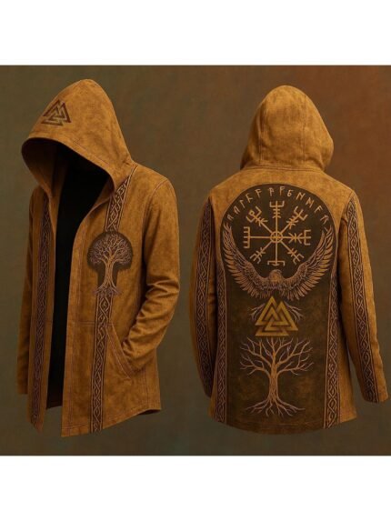 Men's Medieval Norse Mythology Viking-Inspired Hooded Cardigan Motorcycle Jacket - Full-Zip Norse Rune & Rune Tree Design, Viking Ship & Axe Motifs, Loose Fit Streetwear Coat for Autumn Winter Casual Wear, Themed Events & Daily Outfits (Hand Wash/Dry Clean), Durable Outerwear, Hand Wash Only