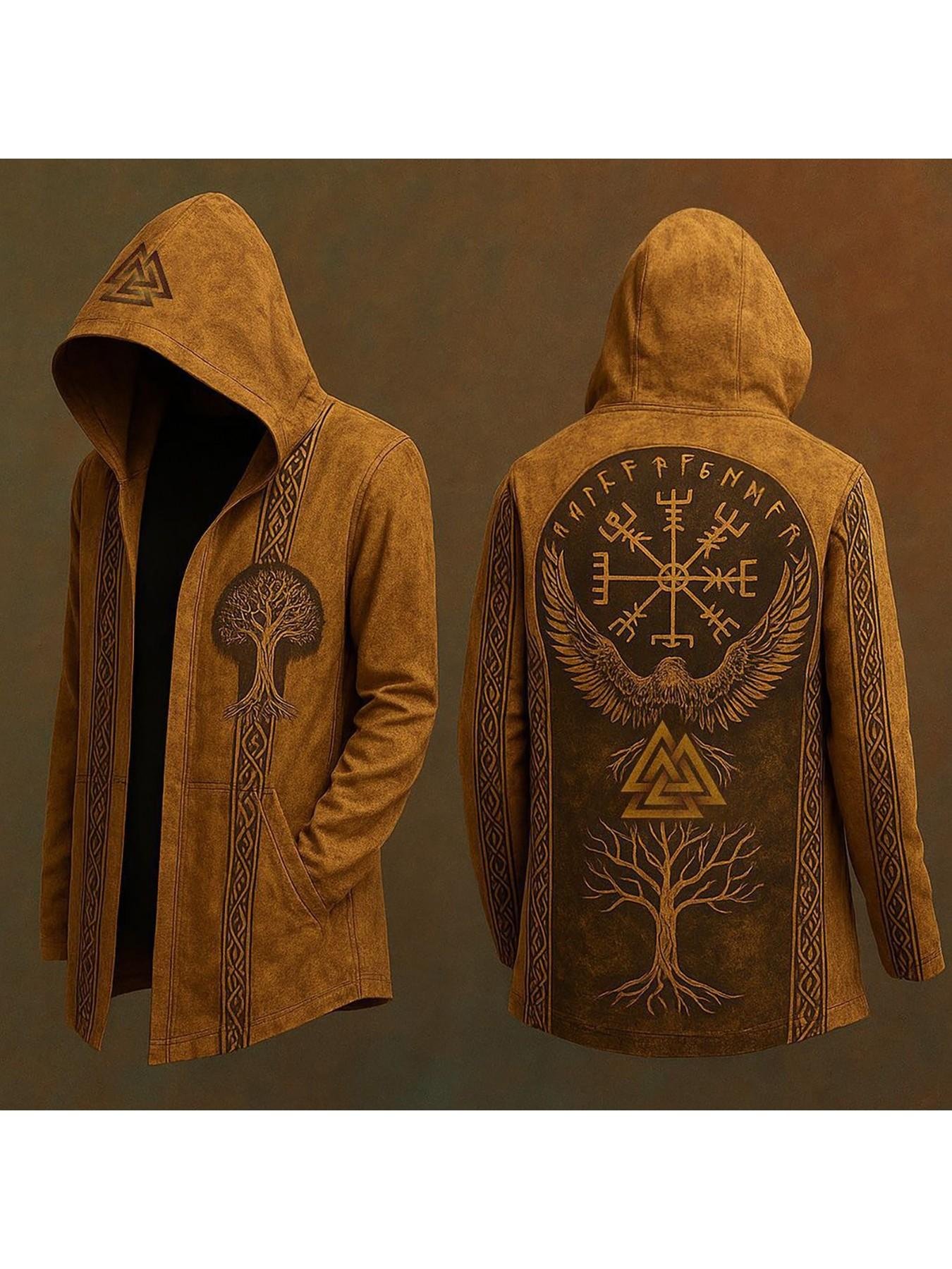 8e78d2334690fdd70702bbafef951dfc.jpeg Men's Medieval Norse Mythology Viking-Inspired Hooded Cardigan Motorcycle Jacket - Full-Zip Norse Rune & Rune Tree Design, Viking Ship & Axe Motifs, Loose Fit Streetwear Coat for Autumn Winter Casual Wear, Themed Events & Daily Outfits (Hand Wash/Dry Clean), Durable Outerwear, Hand Wash Only - Image 1