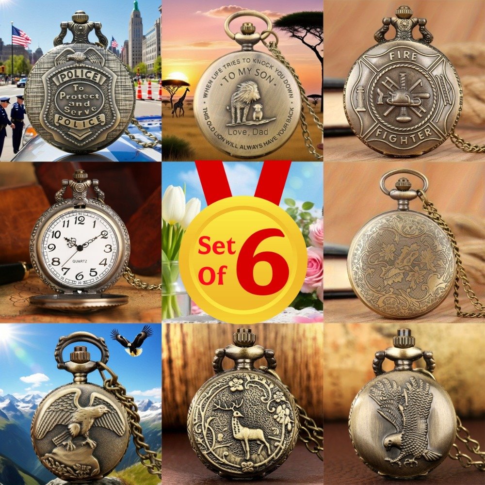 8e9bb7a538be419b86bfb7405ab3b446-goods.jpeg Set Of 6 Vintage Pocket Watches, 3 Regular Size and 3 Small Size, Classical Elegant Design, to Remember The Old Times, Best Christmas New Year Birthday Father's Day Anniversary Presents - Image 1