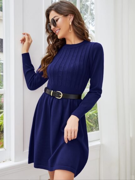 1pc GoyRrbay Women'S Vintage Ribbed Knit Dress - Long Sleeve, Crewneck, High Waist, A-Line, Knee-Length, Polyester, Solid Color, Ruffle Sleeve, Flared Hem, Autumn/Winter Collection