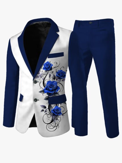 Men'S Stylish Blue & White Floral Print Suit with Vest - Polyester, Long Sleeve, Lapel Collar, All-Season Casual Wear, Includes Pockets, Formal Attire | Floral Print Suit | Polyester Fabric