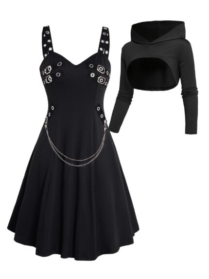 Rock Gothic Metal Piece Decorated V-Neck Vest Dress with Hooded Long Sleeve Top Two-Piece Set, Unique Gothic Style Detachable Chain Vest Skirt and Curved Hem Caped Long Sleeve Shirt, Versatile Separates Women's Outfit for Party and Casual Wear