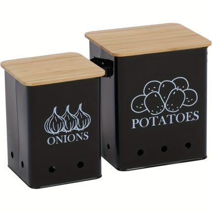 Kitchen Storage Canister, Potato Onion Storage Bin With Aerating Tin Storage Holes & Wooden Lid, Kitchen Organizers For Onion, Potato, Fruit, Black