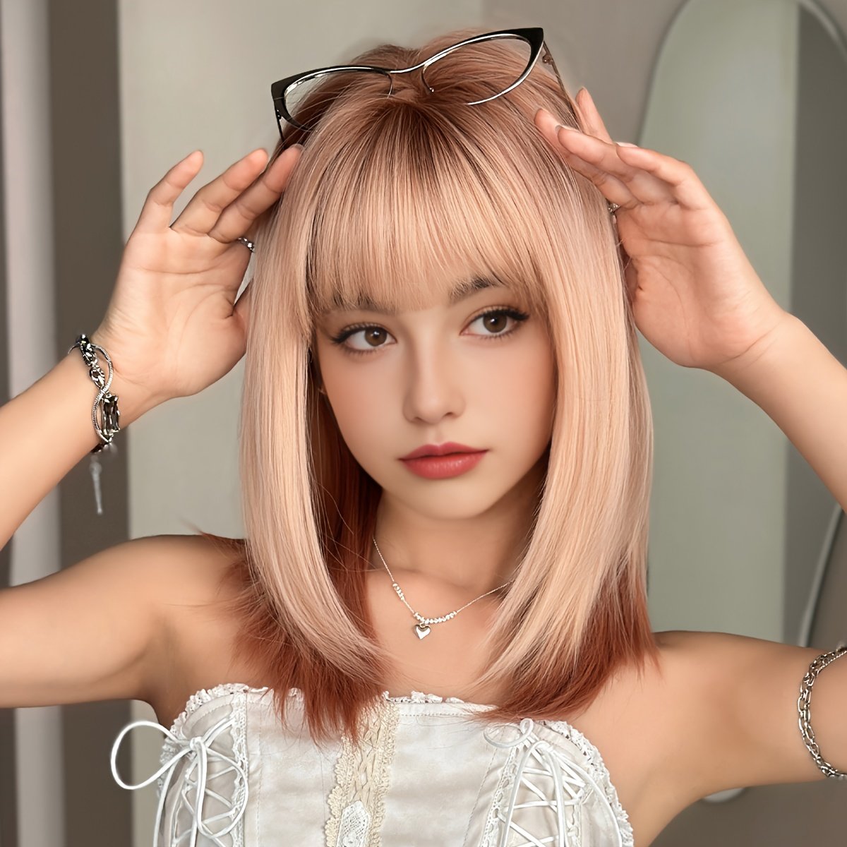 90ba6439-dce7-4bbe-9be3-7d29ec67d3d5.jpg NAMM Women's High-Density 150% Synthetic Pink Brown Balayage Wig with Dark Roots - Layered Straight Hair with Bangs, Rose Net Cap for Christmas Cosplay, Costume Parties & Casual Attire - Natural Look & Full Volume (Shoulder-Length) - Image 1