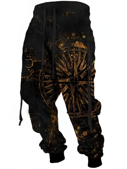 European And American Men'S Popular Fashion Personality Black Golden Compass Slacks, Polyester Knit Friendly Breathable And Sweat-absorbent, New Street Trend Choice Suitable For Four Seasons