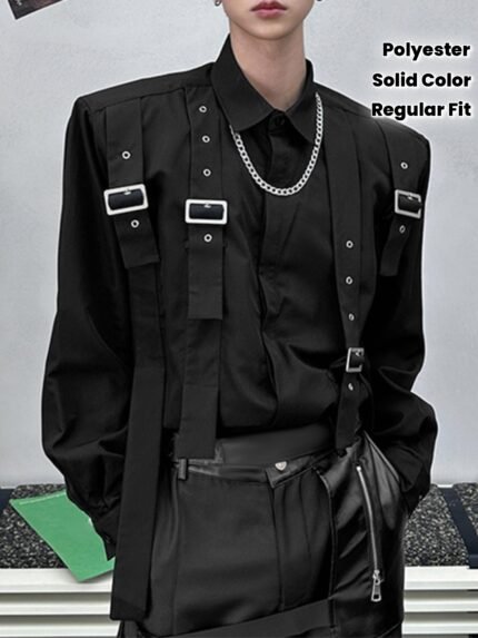 [Men's Casual Shirt] INCERUN Men's Casual Polyester Long Sleeve Shirt | Regular Fit, Solid Color, Turndown Collar, Adjustable Buckle, Baggy, Thin, Street Hippy, 130 g/㎡ Fabric Weight, for Adult, Spring/Fall