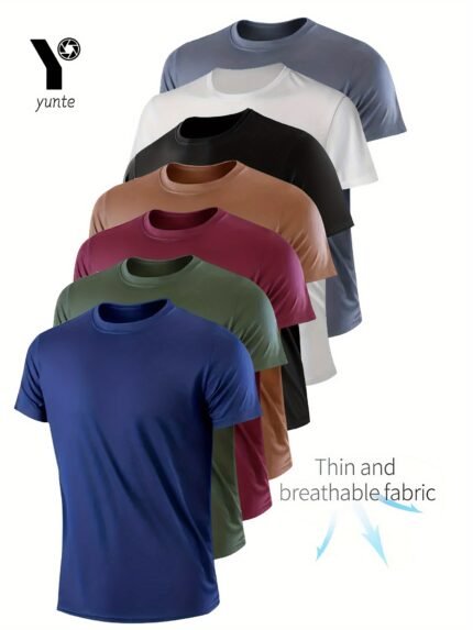 7pcs Yunte Men's Athletic T-Shirts - Quick-Dry, Breathable, Moisture-Wicking Fabric in Assorted Colors (Navy, Army Green, Deep Red, Khaki, Black, White, Gray) - Lightweight & Comfortable for Gym, Running & Fitness, Round Neck, Short Sleeve