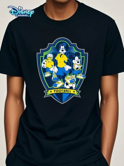 Disney Mickey Donald & Goofy Soccer Graphic T-Shirt for Men - 100% Cotton 220gsm Casual Short Sleeve Tee with Vibrant Shield Emblem Design, Machine Washable Regular Fit, Sports Fan Apparel, Playful Design, Durable Fabric