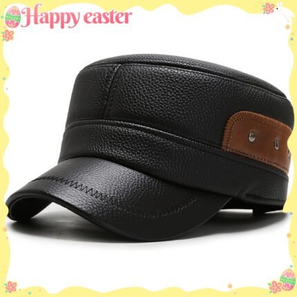 Men'S Funky Style Winter Hat, 100% Polyester, Warm Ear Protection, Flat Top Cap, Baseball Hat, PU Leather, Unisex