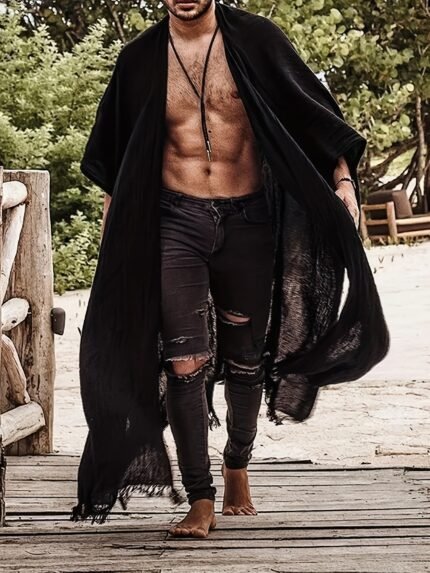 Men'S Black Sheer Kimono Cardigan - Casual, Loose Fit, Longline Design with Half Sleeves and Tassels, Breathable Linen for Beach and Outdoor Wear