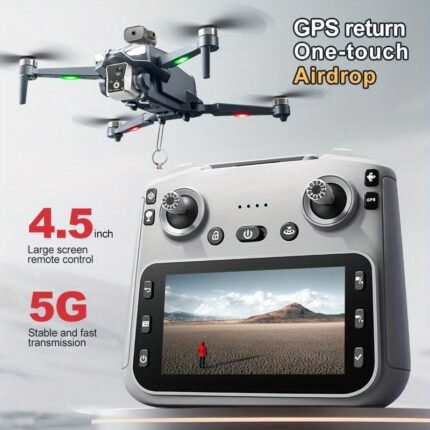 GPS Drone with RC Unloading Function, HD Dual Lens Aerial Photography with Two Batteries And Long Battery Life, 4.5-inch Large Color Screen with 360° Obstacle Avoidance Function, GPS Positioning, Brushless Motors, One-key Return, One-key Airdrop, And 5G Long-distance Transmission --- Capture The Perfect Scenery At The Moment Of Your Flight!