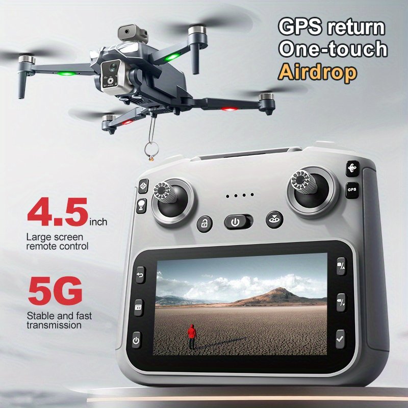 9474ec40df254a919173daf6f7f5bc65-goods.jpeg GPS Drone with RC Unloading Function, HD Dual Lens Aerial Photography with Two Batteries And Long Battery Life, 4.5-inch Large Color Screen with 360° Obstacle Avoidance Function, GPS Positioning, Brushless Motors, One-key Return, One-key Airdrop, And 5G Long-distance Transmission --- Capture The Perfect Scenery At The Moment Of Your Flight! - Image 1