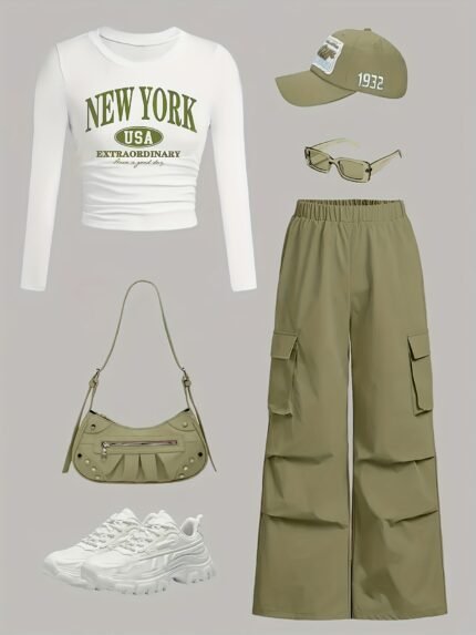 2025 New Arrivals In Elegant Style: Women'S Solid-color Crew-neck Long-sleeve Printed T-shirt And Cargo Pants Set, Suitable For Wearing All Year Round.(Not Including Hats, Glasses, Bags, Shoes)