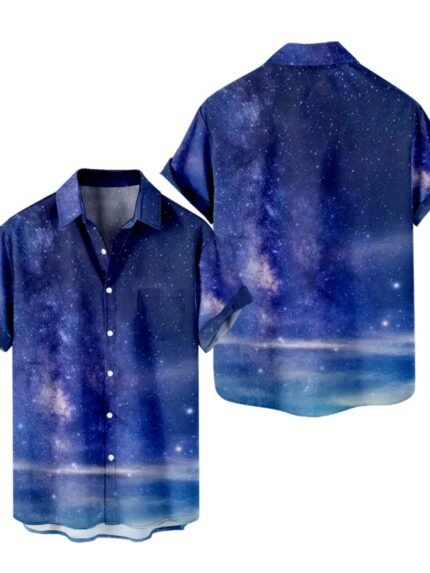 Plus Size Men's Galaxy Print Shirt - Hawaiian Summer Style Short Sleeve Beach Shirt with Pockets, Breathable Regular Fit Casual Top for Spring Autumn, Machine Washable, Hawaiian Shirt, Autumn Streetwear, Galaxy Graphic Tee, Nonstretch Fabric, PLUS SIZE