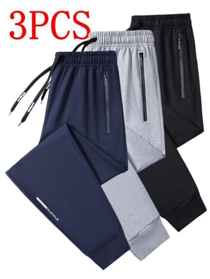 3pcs Men's Athletic Pants - Stretch Joggers with Zippered Legs, Elastic Drawstring Waist - Gym, Casual, Outdoor - All-Season Loose Fit Trousers - Heavy-Duty for Everyday & Formal Wear - Ideal Gift for Men, Jogging Pants, Soft Texture Clothing