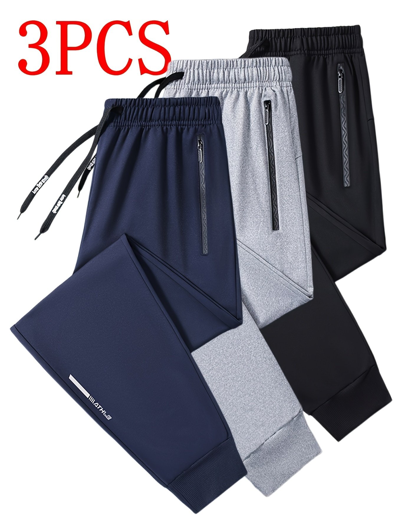 95503a1f-2047-4047-b3df-044a18238ed2.jpg 3pcs Men's Athletic Pants - Stretch Joggers with Zippered Legs, Elastic Drawstring Waist - Gym, Casual, Outdoor - All-Season Loose Fit Trousers - Heavy-Duty for Everyday & Formal Wear - Ideal Gift for Men, Jogging Pants, Soft Texture Clothing - Image 1