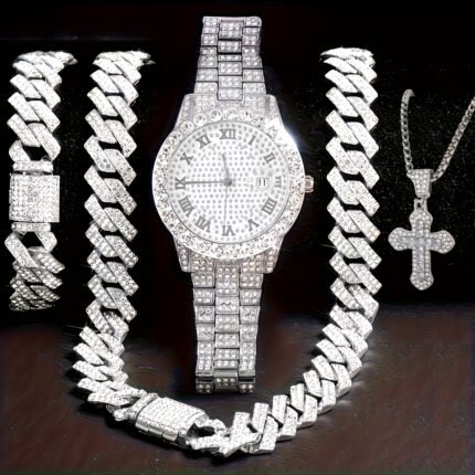 4pcs Hip-hop Watch Jewelry Set Iced Out Punk Blue&Silver Cuban Chain+Bracelet Inlay Watch for Men Women Trend Party Gift