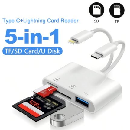5-in-1 Lightning/Type-C to USB 3.0/SD/TF Card Reader Adapter for iPhone for ipad MacBook for samsung Android - High-Speed Data Transfer, Compact Design, No Battery Needed, Compatible with All Major Operating Systems, Multifunctional Adapter, Modern Gadget, Durable Plastic