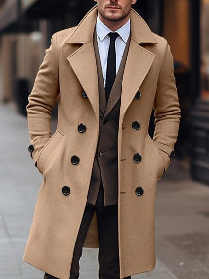 Men's Casual Long Double-Breasted Tweed Coat Jacket - Solid Color with Notch Lapel & Multiple Pockets, Regular Fit Autumn Winter Warm Outerwear, Stylish Streetwear, Structured Shoulders, Flannel Lined Interior, Streetwear Fashion, Classic Design, Durable Construction, Outerwear Coat, Urban Style