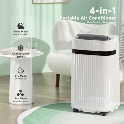 12, 000 BTU Portable Air Conditioner with Dehumidifier & Sleep Mode - Quiet 46dB Operation, Remote Control, Cooling up to 550 Sq.ft, White - Ideal for Home, Office, Dorms, Office Air Conditioner | Vertical Window Unit | Easy Control Panel, Air Conditioner Portable