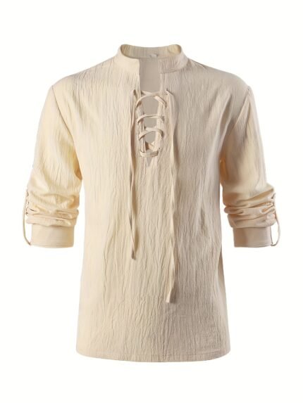 1pc Men's Retro Lace-Up Long Sleeve Shirt - Beige Pirate Renaissance Costume with Drawstring Detail, Lightweight Polyester for Cosplay & Halloween, Pirate Costume