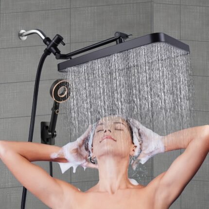 1-Pack Heavy-Duty Commercial/Residential Showerhead with Water Stop Button - High-Pressure Waterfall, 3 Spray Modes (Rain, Massage, Shower), All-Brass Construction, Adjustable Extension Arm & Diverter, Long Reach Stainless Steel Hose - Wall-Mounted Bathroom Shower System, Polished Finish, Commercial Shower System, Sleek Shower Design, Highquality Brass, Home Improvement