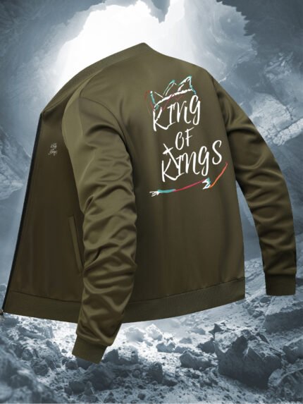 Men's Casual Jacket | Navy Blue Polyester-Elastane Blend | Geometric Pattern with "King of Kings" Print | Baseball Collar, Zip Closure | All-Season Wear | Machine Washable & Dry Clean Safe | Stylish Regular Fit Outerwear