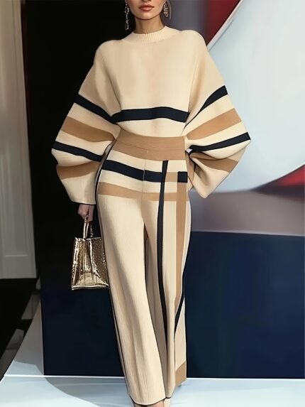 Plaid Casual Sweater Set, Shoulder Insert Sleeve Loose Round Neck Sweater, Plaid Loose Sweatpants