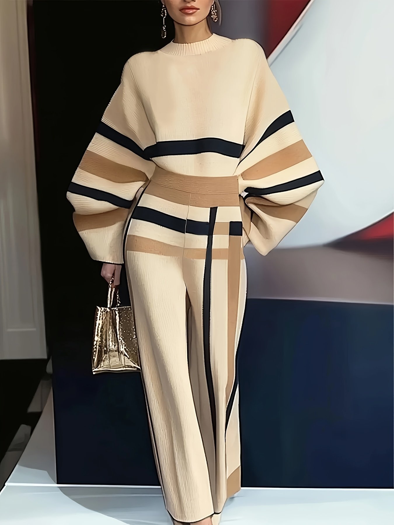 97dc3585-ddc2-4444-828e-14bd537aca06.jpg Plaid Casual Sweater Set, Shoulder Insert Sleeve Loose Round Neck Sweater, Plaid Loose Sweatpants - Image 1