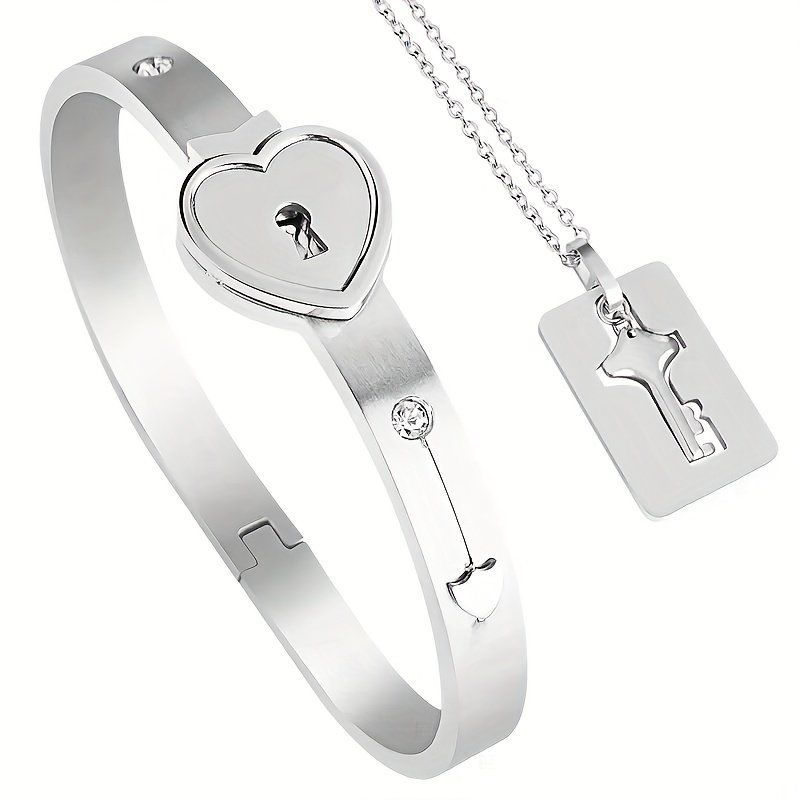 982b9c72-bda6-4059-86b7-cef89cc2dcf4.jpg A Set Of Titanium Steel Love Couple Heart-shaped Lock Bracelet And Key Necklace Set, Fashionable, Elegant And Creative Style Jewelry. - Image 1