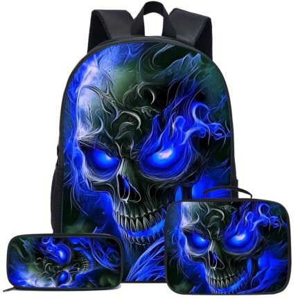 Men's Skull Print Backpack with Glowing Blue Eyes & Dark Smoke Design - Adjustable Straps, Zipper Closure, Durable Polyester for Casual Outings, Halloween, Themed Events