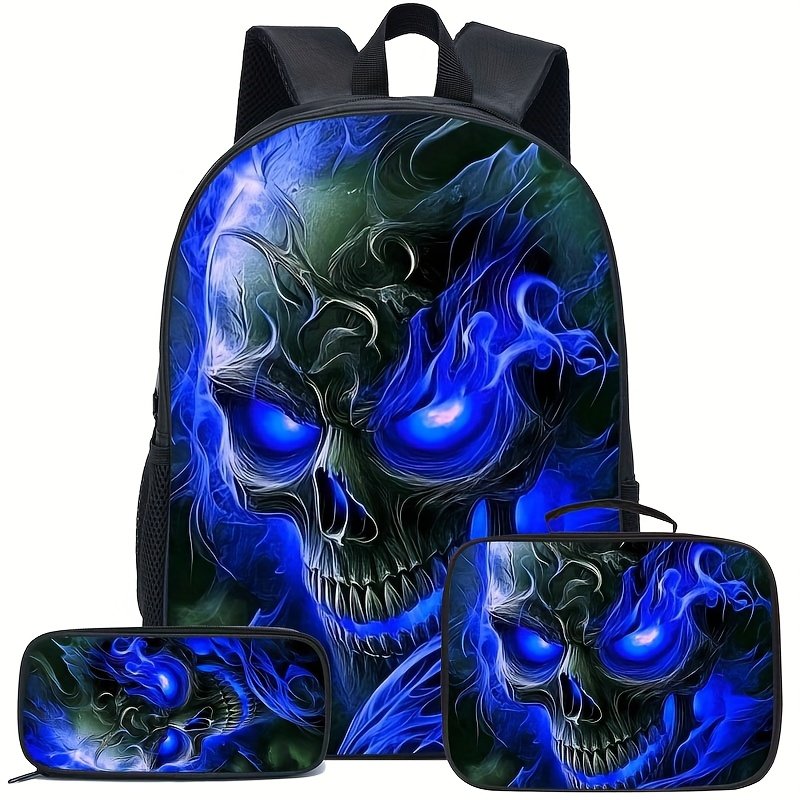 985addad-c2f3-421a-9d6d-e0b0f1c656a5.jpg Men's Skull Print Backpack with Glowing Blue Eyes & Dark Smoke Design - Adjustable Straps, Zipper Closure, Durable Polyester for Casual Outings, Halloween, Themed Events - Image 1
