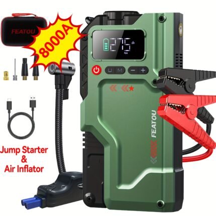 Jump Starter with Air Compressor 5in 1 Jump Starter, 8000A Emergency Starter (applicable to 12V/99% Gasoline Vehicles/2.51gal Diesel)Battery Charger with Intelligent Safety Jumper Cable, Start Power Supply with Air Compressor, 8000AOr5000A Is Optional