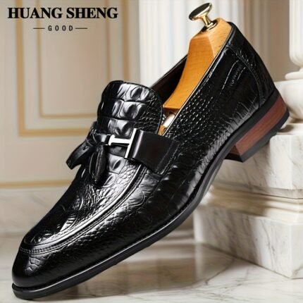 Men's Crocodile-Embossed Genuine Leather Slip-On Loafers - Pointed Toe Low-Top Business Casual Shoes with Bow Detail, White for Parties, Banquets & Formal Events 56791W, Party Footwear, Stylish Tuxedo Shoes, Durable Rubber Sole