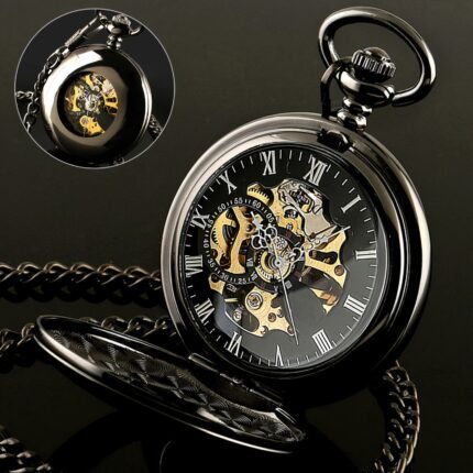 1pc Skeleton Mechanical Pocket Watch for Men, Self-Winding Movement, Round Alloy Case, Stopwatch Feature, Special Occasion Gift, Vintage Pocket Watch|Roman Numeral Display, Watch Accessories