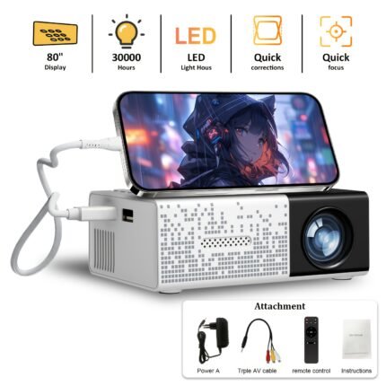 GTEQY Portable Home Projector, Fast Focus, Video Projector, Supports Multiple Installation Methods, Compatible with Av/Mobile Phone/Usb/U Disk, Perfect for Watching Movies, Gatherings, Work Meetings